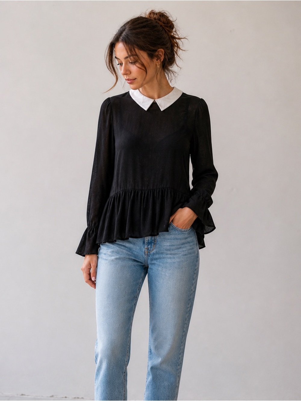 Mango Black Contrast Collar Blouse XS